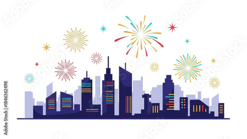 Cityscape Fireworks Spectacle: A vibrant cityscape comes alive as dazzling fireworks explode in the night sky, illuminating the silhouette of towering buildings and structures.