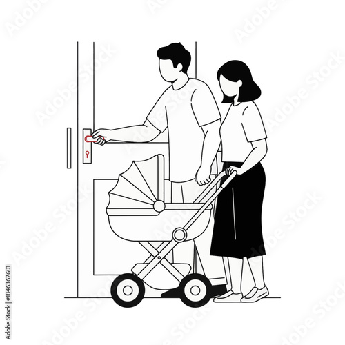 Family parents with baby stroller at door. Man locking entrance. Line art vector illustration isolated on transparent background