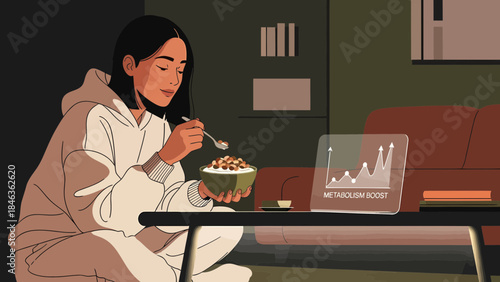 Woman Eating Noodle Soup with Laptop.