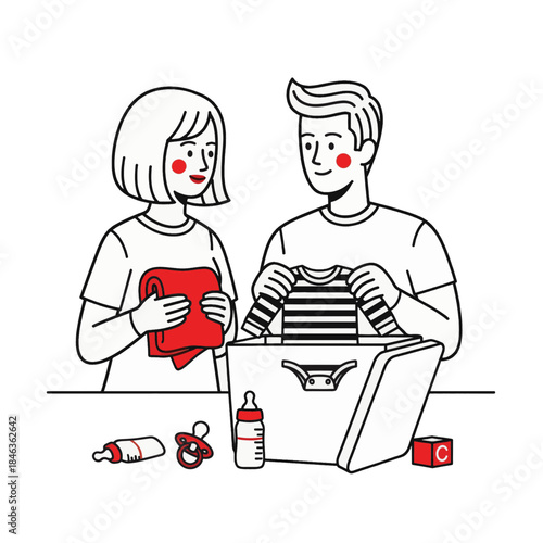 Parents organizing baby supplies. Line art vector illustration of a couple preparing for a newborn. Isolated on transparent background
