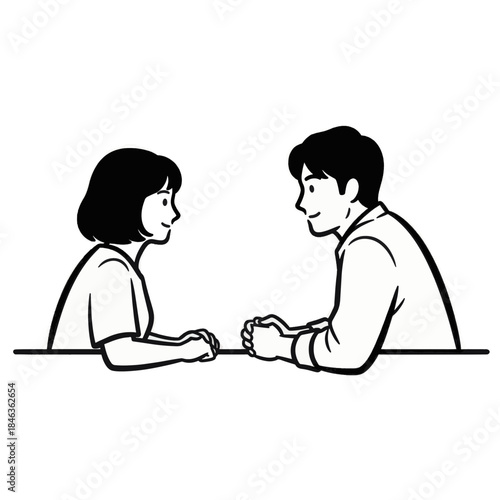 Illustration of a man and woman talking at a table. Simple black and white line art of a couple having a conversation. Minimalist vector graphic for dating or meeting concepts