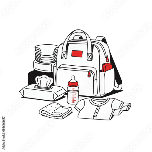 Baby essentials and diaper bag line art illustration. Newborn care supplies vector graphic. Isolated on transparent background