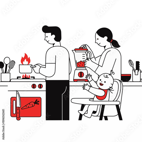 Family cooking and preparing baby food in kitchen. Minimalist line art vector illustration. Domestic life concept