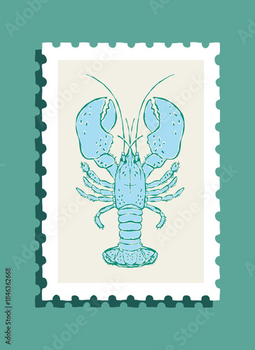 Blue lobster illustration on a beige postage stamp with teal background