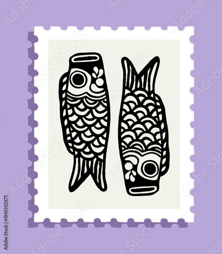 Black Japanese style koinobori fish illustration on postage stamp with purple background
