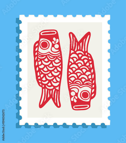 Red stylized carp fish pair illustration on postage stamp with blue background