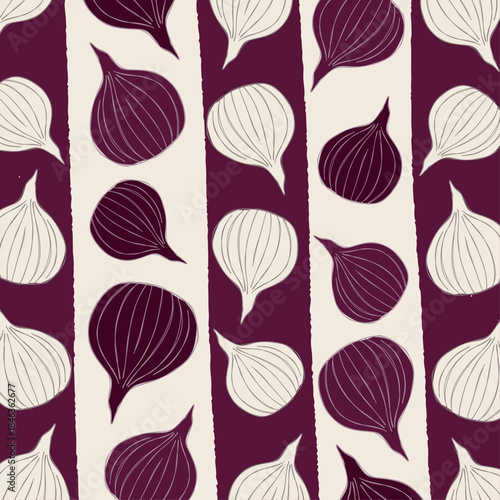 Seamless pattern with purple and white onions on maroon vertical stripes
