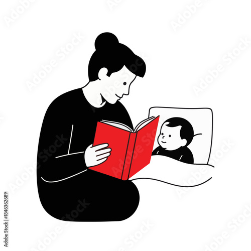 Parent reading bedtime story to baby. Minimalist flat design vector illustration. Family bonding and early childhood education concept. Isolated on transparent background