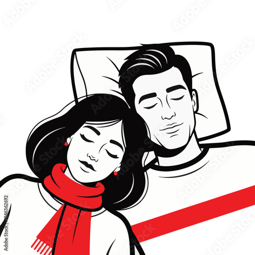 Couple sleeping together. Line art vector illustration of man and woman resting. Comfort and intimacy concept isolated on transparent background