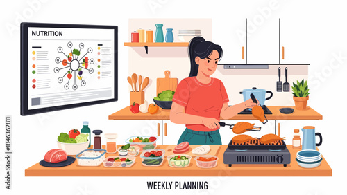 Woman planning meals in a kitchen.