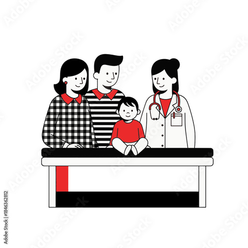 Family visiting pediatrician for child's medical checkup. Flat design vector illustration. Healthcare concept isolated on transparent background