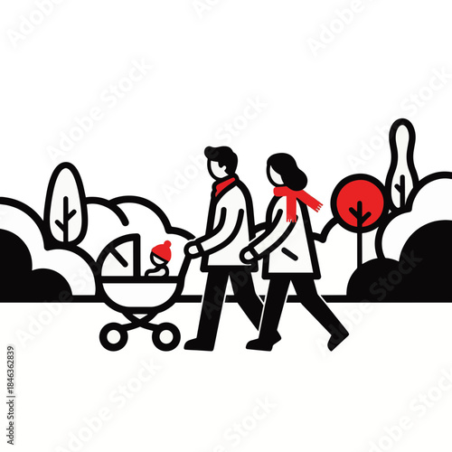 Family walking with baby in stroller. Minimalist line art vector illustration. Parents in park on transparent background