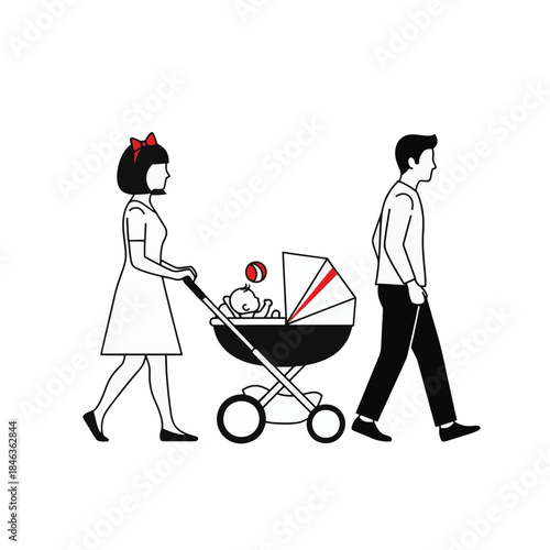 Family walking with baby stroller. Parents and infant in minimalist line art vector illustration. Isolated on transparent background