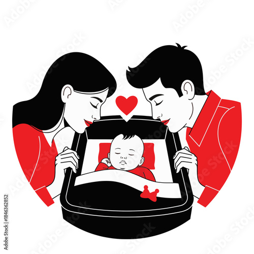 Family parents and baby sleeping in bassinet. Love and care concept. Minimalist flat design vector illustration isolated on transparent background