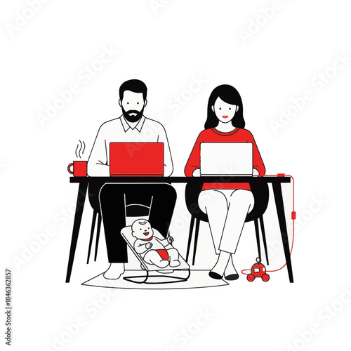 Parents working from home with baby. Remote work and family life concept. Minimalist line art vector illustration isolated on transparent background