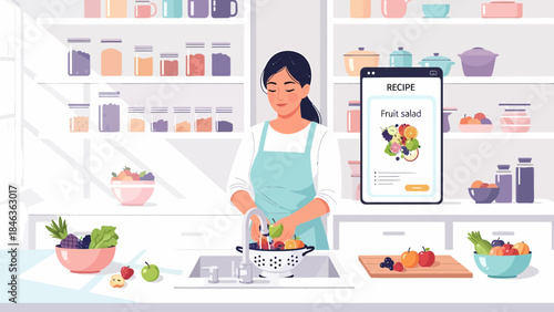 Woman Preparing Fresh Fruit in Kitchen.