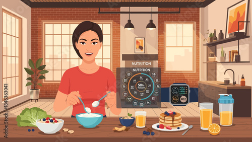 Woman Preparing Breakfast in Kitchen.
