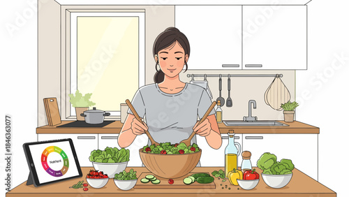 Woman Preparing Fresh Salad in Kitchen.