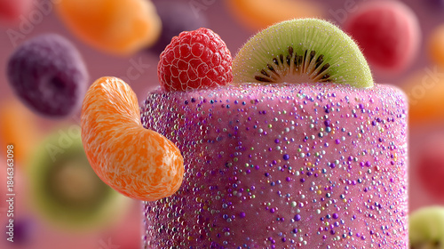 Neon holographic smoothie ingredients floating in digital blender with glowing effects, futuristic health drink and nutrition technology generated AI