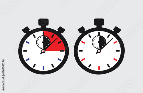 Two stopwatches showing different elapsed times. Modern stopwatch vector.