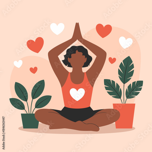 woman sitting in lotus position with hands together and plants