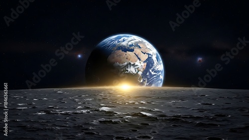A magnificent view of planet earth rising over the lunar horizon from space