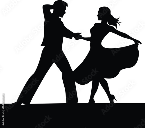 Silhouettes of dancing couples in various poses, partner dance movements, ballroom and Latin styles, black vector illustration on white background, isolated