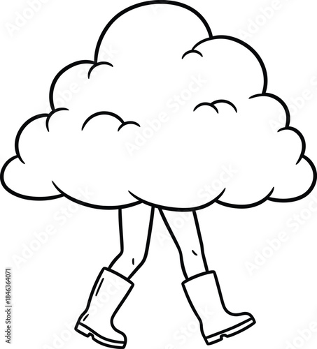 Cartoon legs in rain boots walking through clouds
