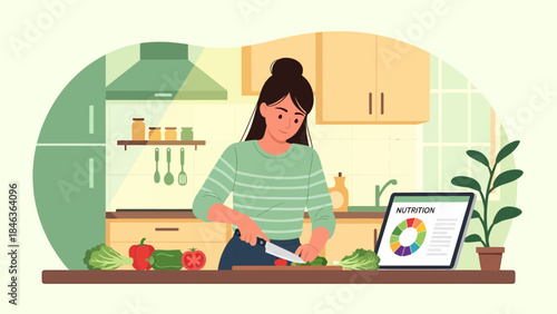Woman Preparing Vegetables in Kitchen Counter.