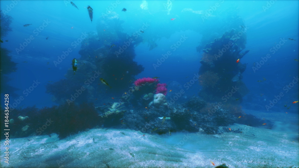 Fototapeta premium Bright colors come to life under the ocean surface as schools of fish swim around coral formations. This serene underwater landscape showcases natures beauty in a tranquil setting.