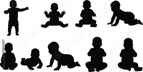 Baby silhouettes collection showing infant crawling sitting and standing poses isolated on white background, child development vector illustration set