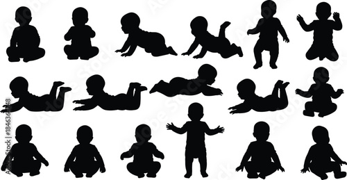 Baby silhouettes collection showing infant crawling sitting standing and playing poses isolated on white background, child development black vector illustration set