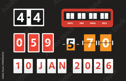 Collection of digital flip counters and date display. Modern digital filp counter vector.