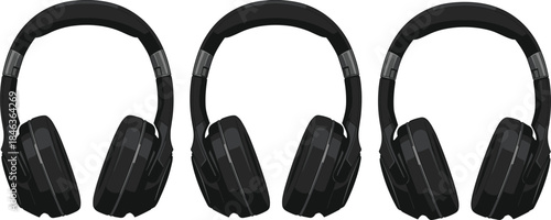 Black over ear headphones illustration set showing modern audio devices isolated on white background, music technology vector design collection