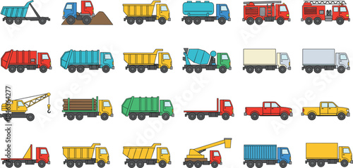 Cartoon truck icons collection, construction service transport vehicles, dump fire crane mixer garbage cargo trucks, colorful flat vector set