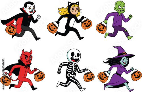 Cute Halloween characters illustration set showing kids in spooky costumes running with pumpkin buckets isolated on white background, festive cartoon vector collection