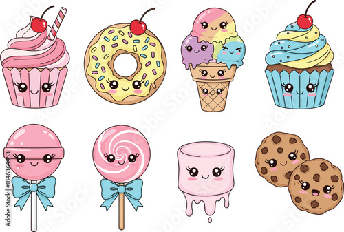 Cute kawaii dessert illustration set featuring cupcakes donuts ice cream candies and cookies isolated on white background, sweet food vector collection