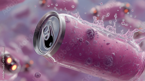 Abstract floating neon smoothie can with glowing fruits and holographic elements in digital space, futuristic health drink and nutrition concept with vibrant colors generated AI