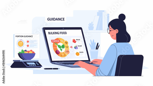 Woman Using Laptop for Nutrition Planning.