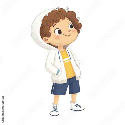Cute cartoon illustration of a smiling little boy with curly brown hair, wearing a white hoodie vector
