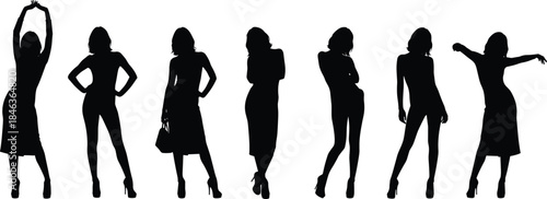 Elegant women silhouettes collection, fashionable female poses, stylish dresses and heels, confident lifestyle expressions, black flat vector illustration set, isolated