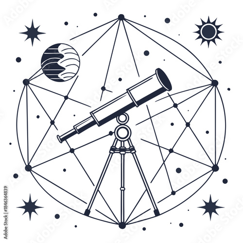 Black and white of a telescope on a tripod with geometric shapes and celestial bodies