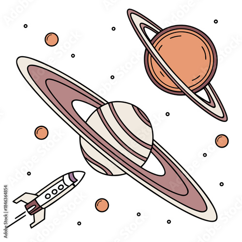 Cartoon planets with rings and nearby exploration ship