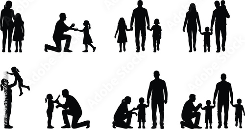 Family silhouette activities collection, parents and children bonding moments, walking playing lifting kids, happy black flat vector illustration set