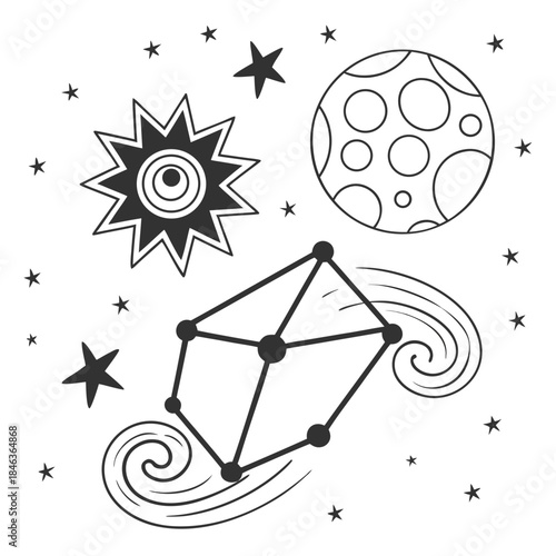 Black and white of geometric shapes and celestial bodies