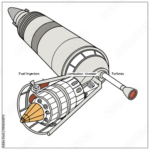 Cutaway view of rocket engine internal parts fuel injectors