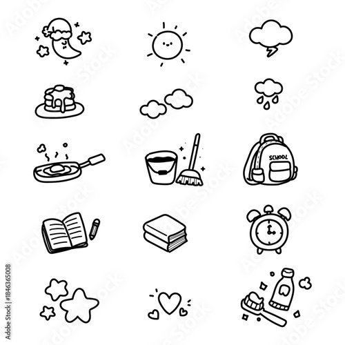 Doodle icon vector set cute hand drawn illustration sketch line outline morning routine daily life