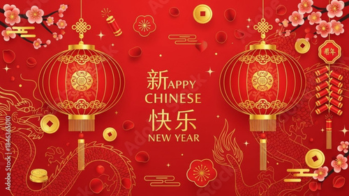 Vibrant red background with golden chinese lanterns, cherry blossoms, and festive decorations celebrating happy chinese new year