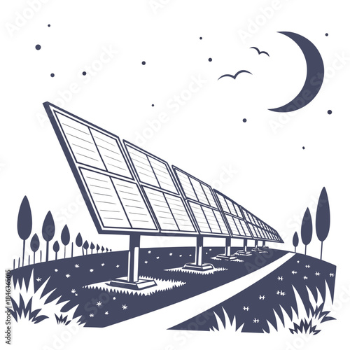 Nighttime solar farm glowing faintly from residual heat