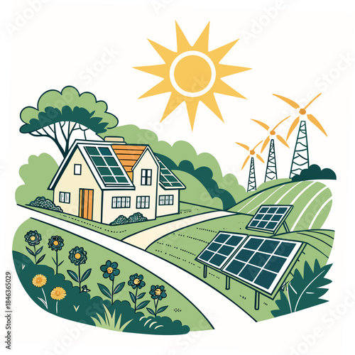 Solar energy illuminating eco village with house and solar panels